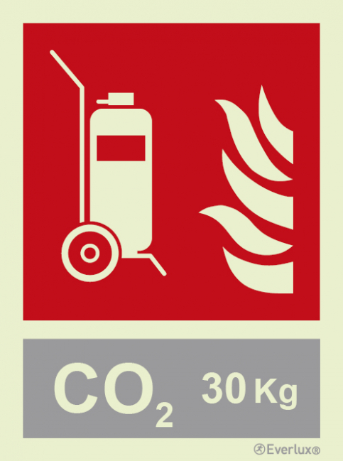 Wheeled fire extinguisher sign with integrated 30 Kg CO2 fire extinguishing agent ID sign - S 22 52