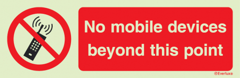 No mobile devices beyond this point - prohibition action sign with supplementary text - S 39 41