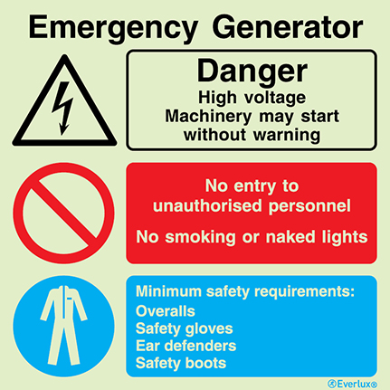 Emergency generator - warning, prohibition and mandatory sign | IMPA 33.3135 - S 41 11