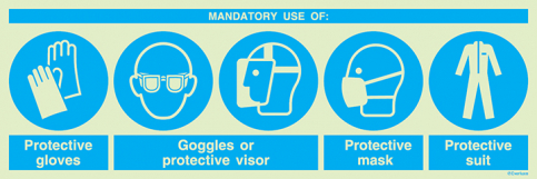 Mandatory action sign enforcing the use of gloves, goggles or protective visor, protective mask and protective suit - SC 151